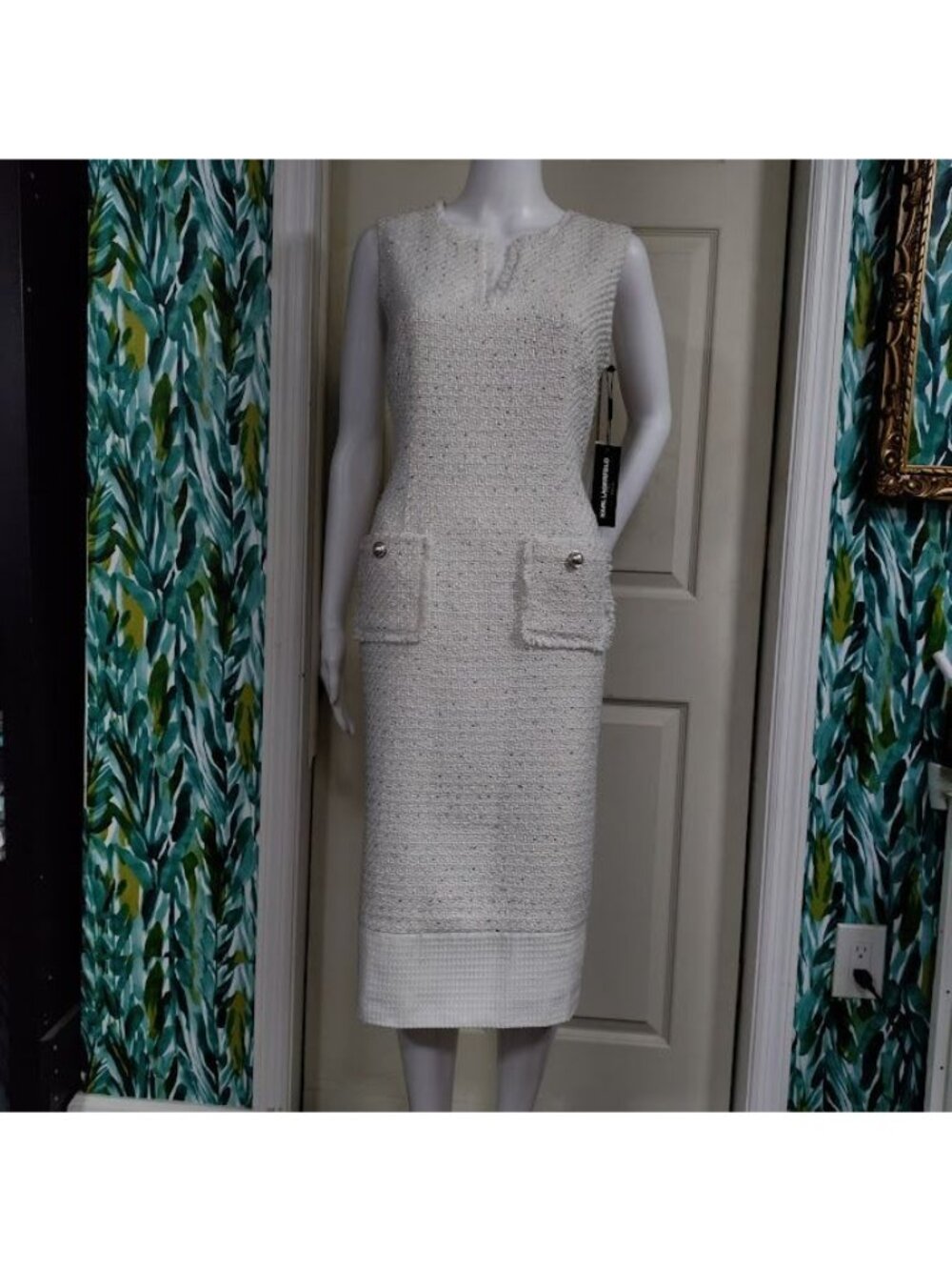 NWT Karl Lagerfield Paris Tweed Preppy Formal Shift Dress White Womens Size 10 - Picture 3 of 15